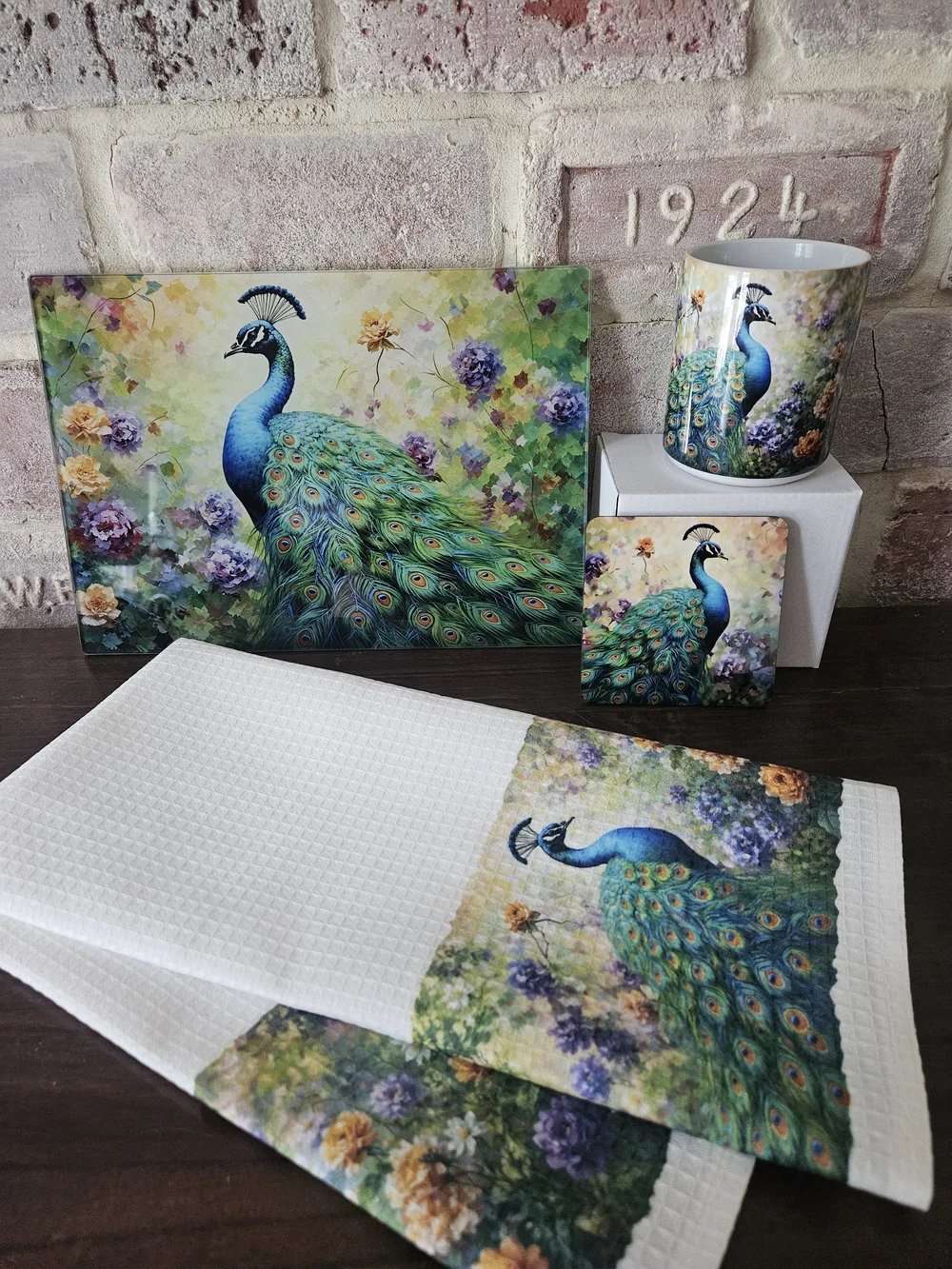Hand Crafted Peacock Kitchen Linen Set in Green, Blue and Yellow